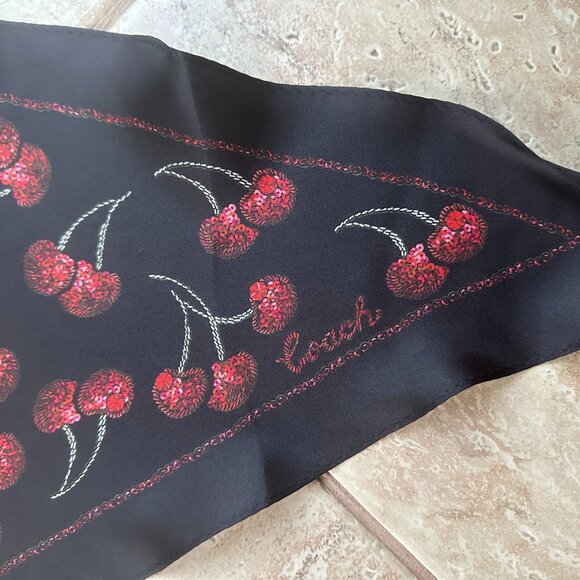 COACH CHERRIES PRINT SILK DIAMOND SCARF:NWT CDL13 BLACK/RED - Picture 3 of 8